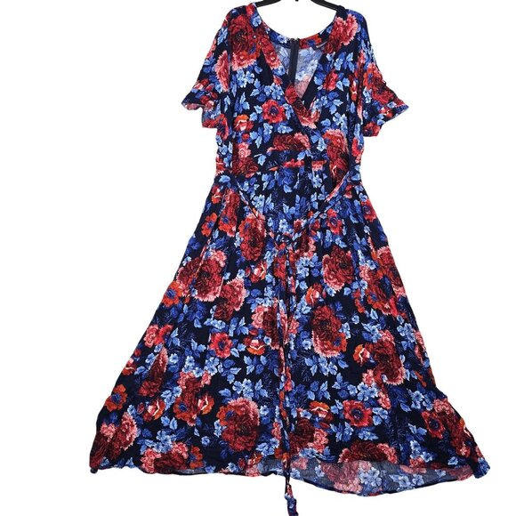 Roaman's Dresses & Skirts - Roamans Womens Plus Size Wrap Dress Blue Red Floral 2X 26/28 Short Sleeve Rayon